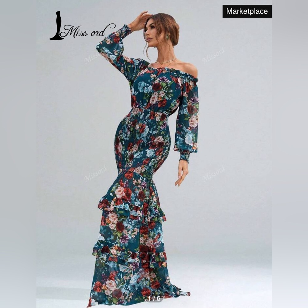 Missord Floral Print Off Shoulder Bishop Sleeve Shirred Ruffle Mermaid Hem Dress